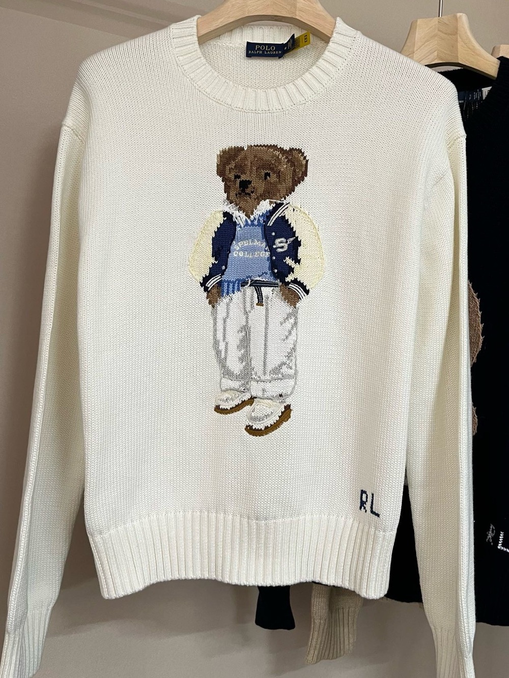 Polo Ralph Lauren Cream Crewneck Sweater Varsity Jacket Polo Bear Intarsia Knit